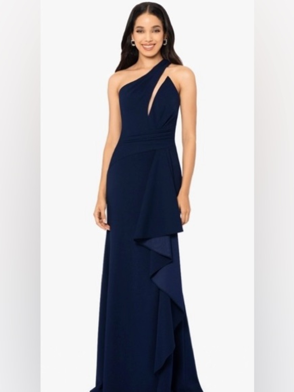 Betsy & Adam Illusion Crepe One Shoulder Ruffle Gown Navy Size 6 NWT